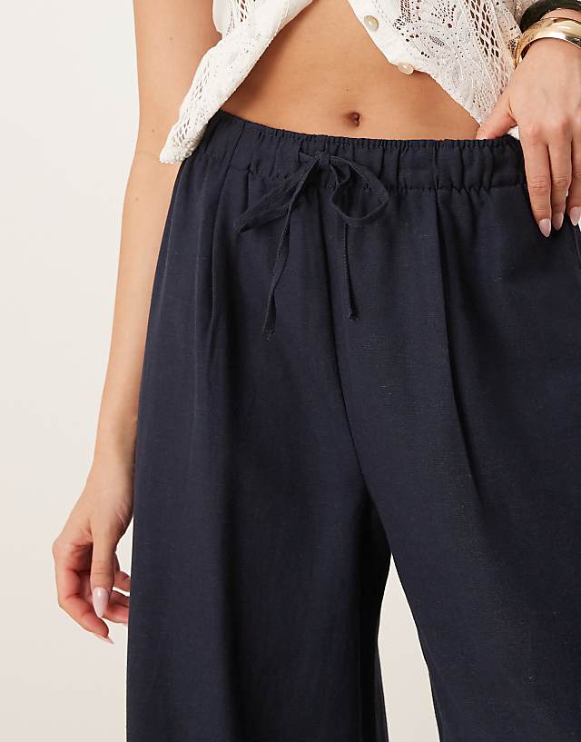 Asos Stradivarius Wide Leg Linen Trousers In Navy Blue