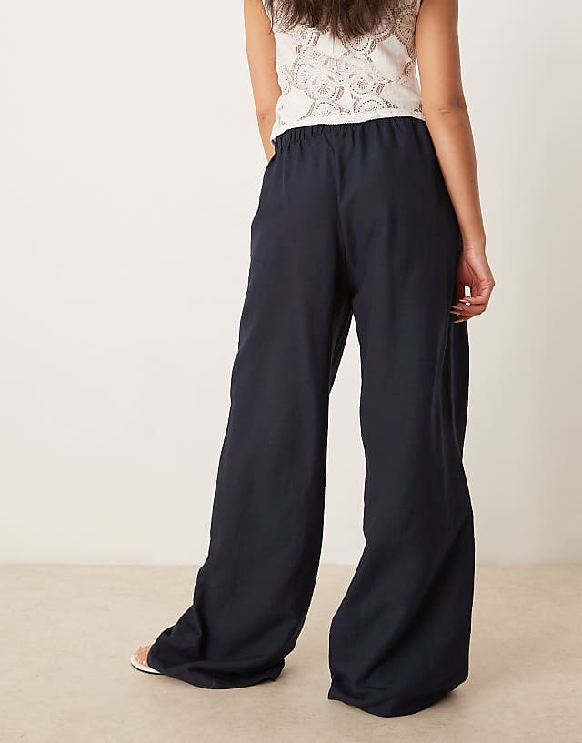 Asos Stradivarius Wide Leg Linen Trousers In Navy Blue