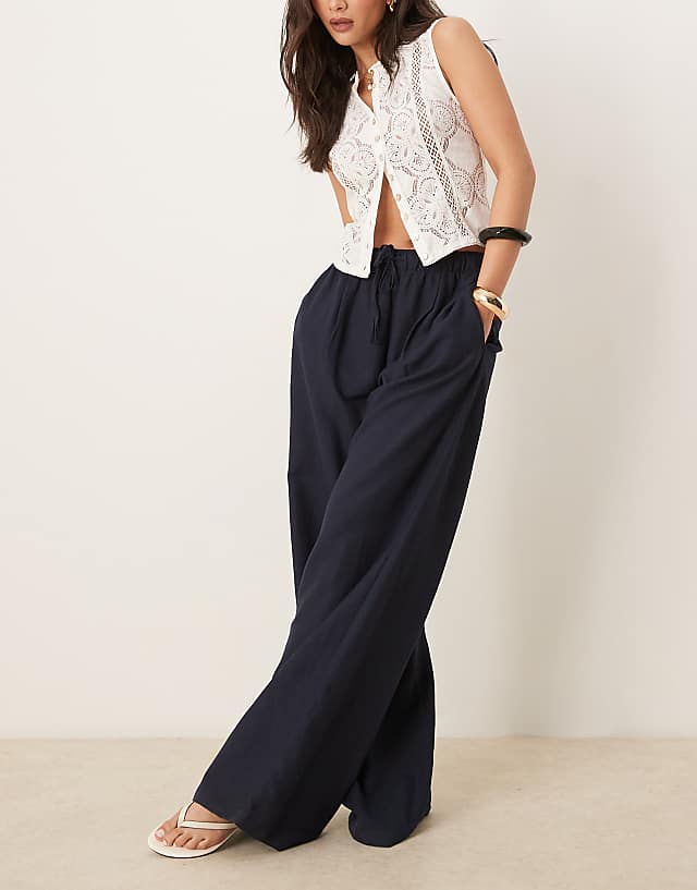 asos Stradivarius wide leg linen trousers in navy blue