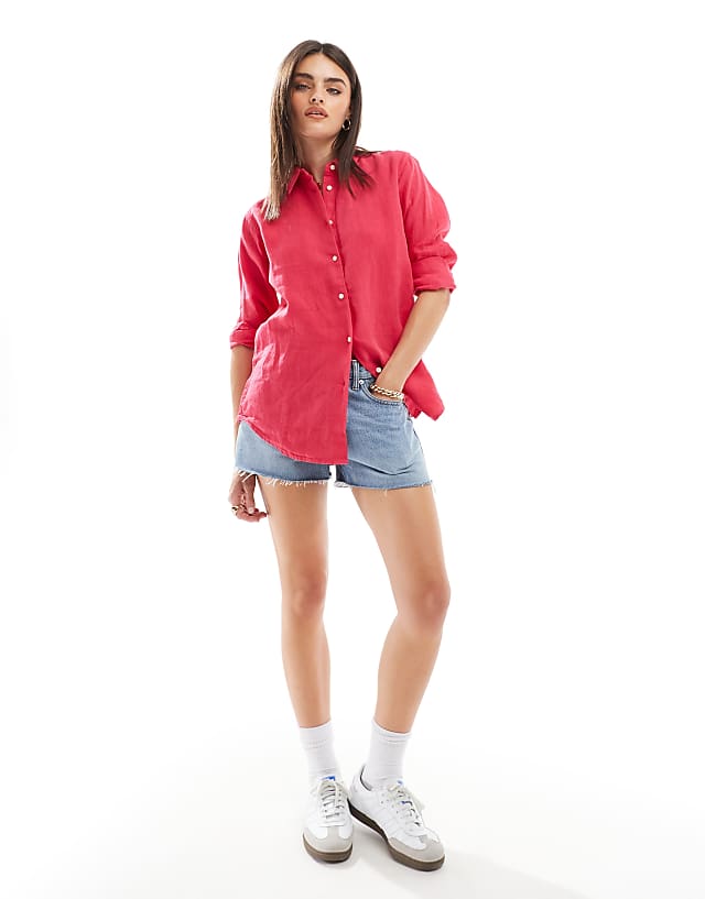 Asos Superdry Casual Linen Boyfriend Shirt In Electric Pink