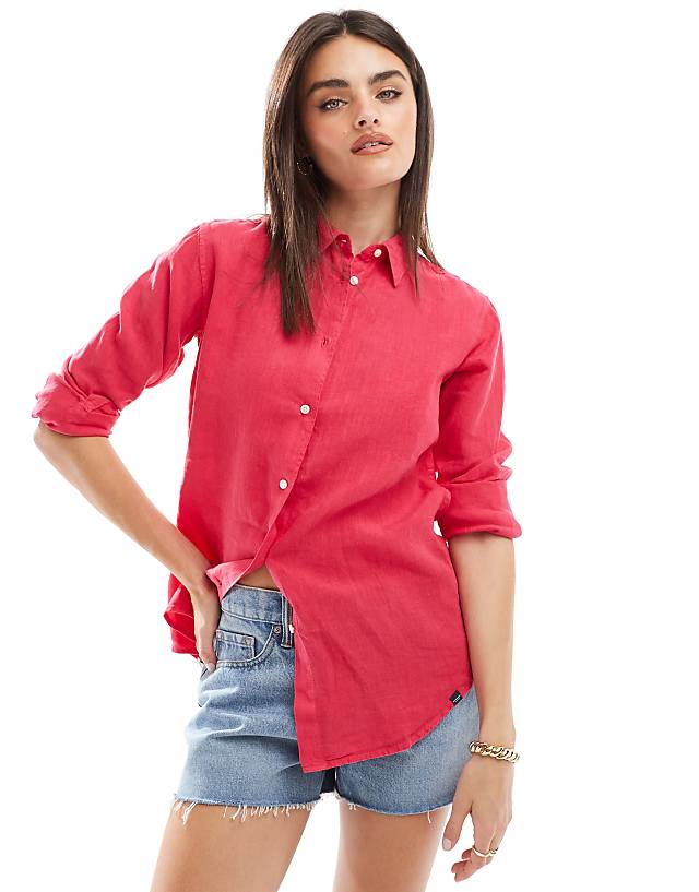 asos Superdry Casual linen boyfriend shirt in electric pink