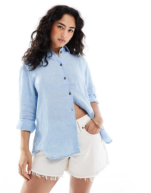 asos Superdry Casual linen boyfriend shirt in sea blue chambray