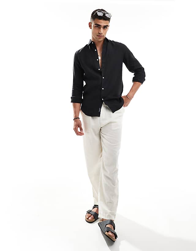 Asos Superdry Casual Linen Long Sleeve Shirt In Black