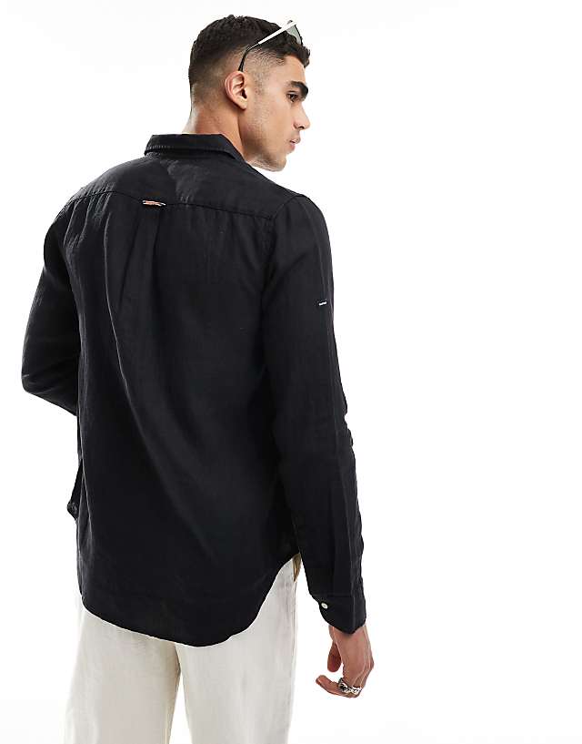 Asos Superdry Casual Linen Long Sleeve Shirt In Black