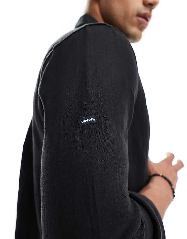 Asos Superdry Casual Linen Long Sleeve Shirt In Black