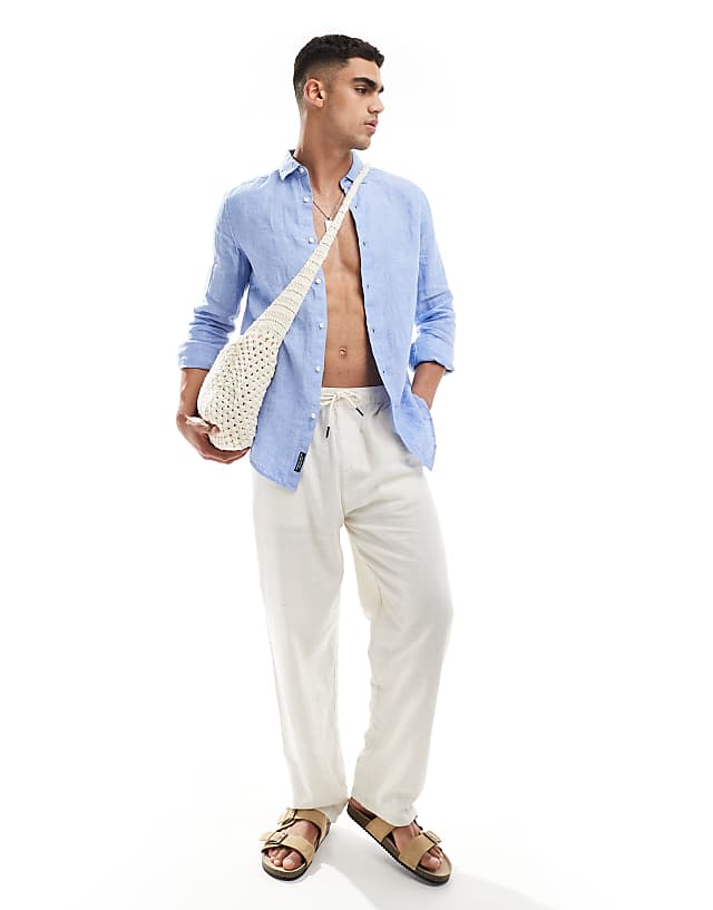 Asos Superdry Casual Linen Long Sleeve Shirt In Light Blue Chambray