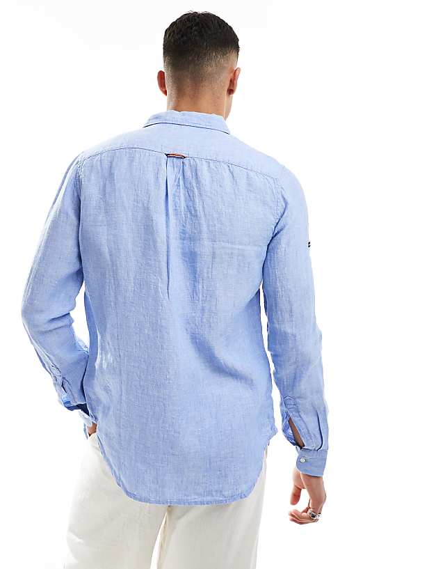 Asos Superdry Casual Linen Long Sleeve Shirt In Light Blue Chambray
