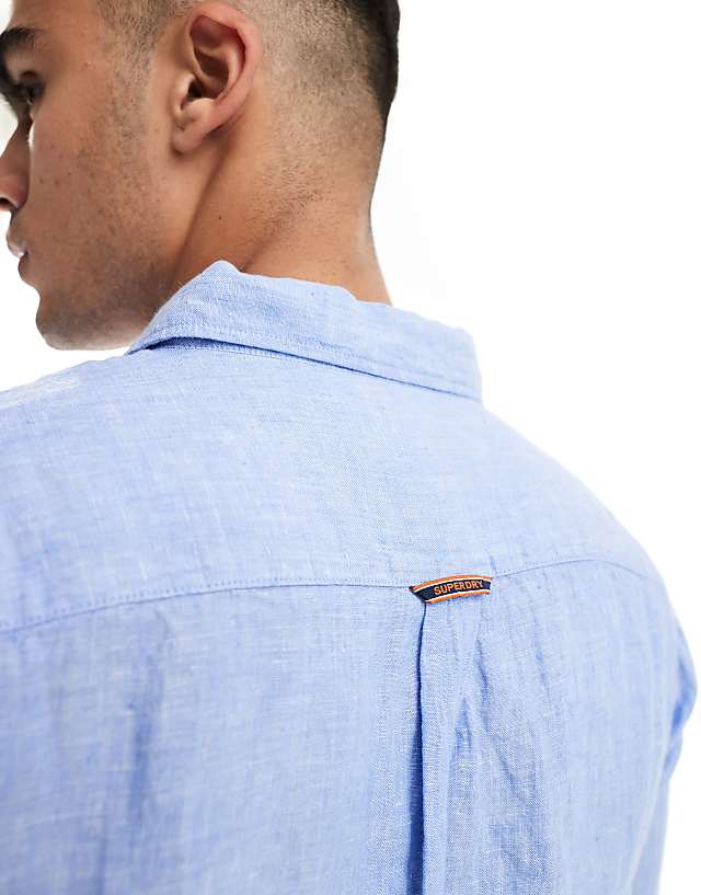 Asos Superdry Casual Linen Long Sleeve Shirt In Light Blue Chambray