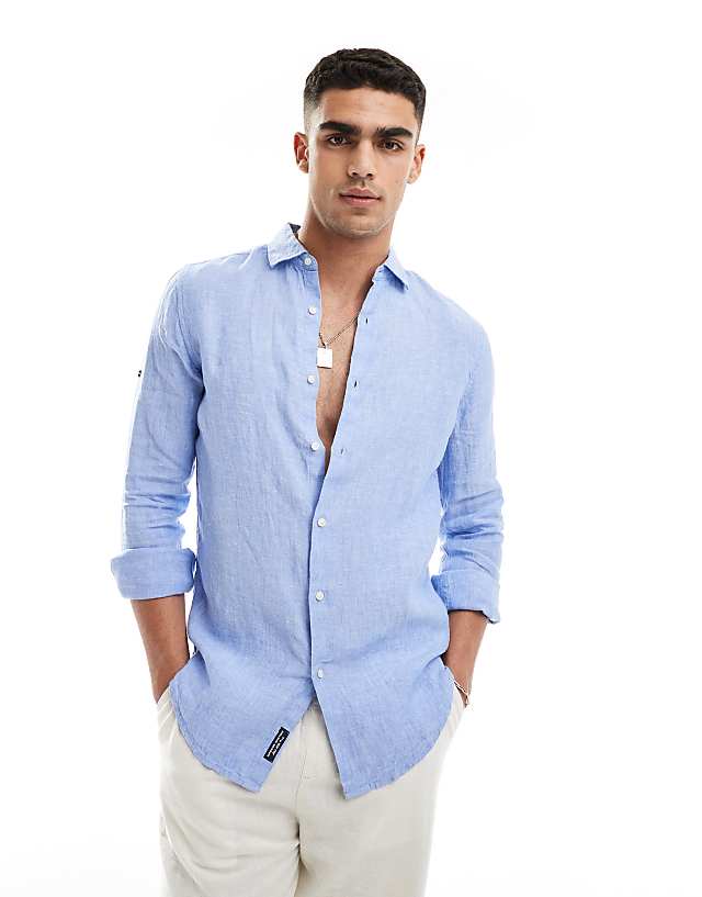 asos Superdry Casual linen long sleeve shirt in light blue chambray