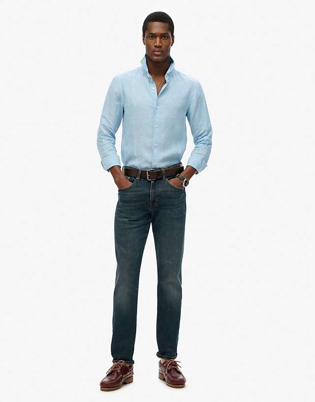 Asos Superdry Embroidered Vacation Linen Shirt In Sea Blue Chambray