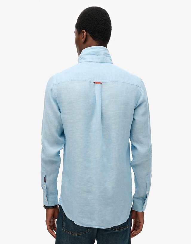 Asos Superdry Embroidered Vacation Linen Shirt In Sea Blue Chambray