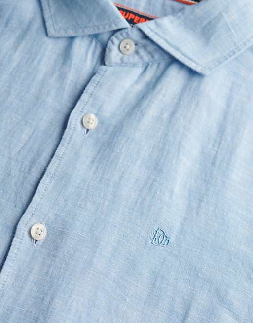 Asos Superdry Embroidered Vacation Linen Shirt In Sea Blue Chambray