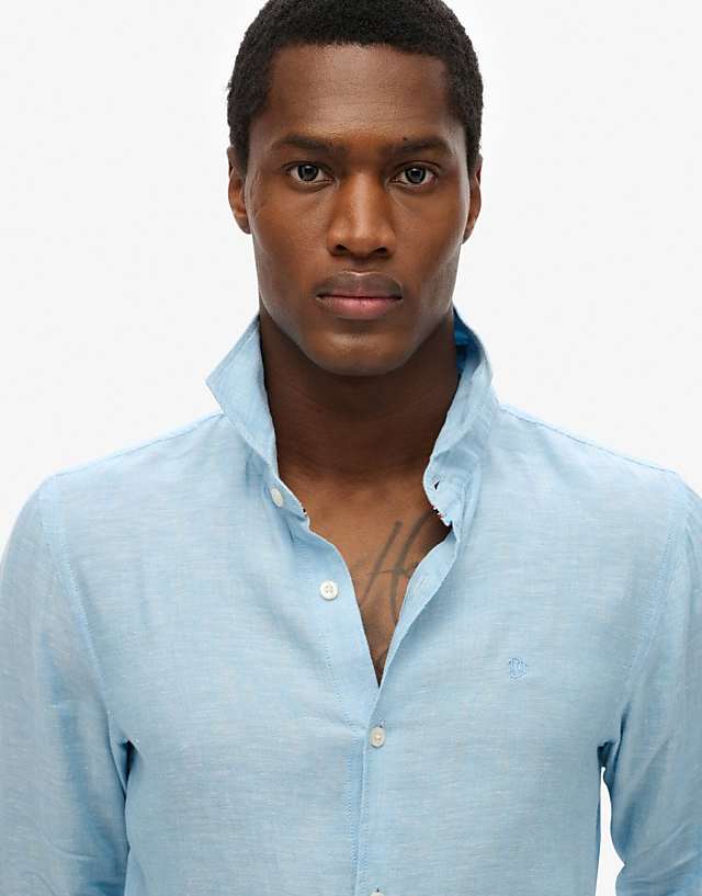 asos Superdry Embroidered vacation linen shirt in sea blue chambray