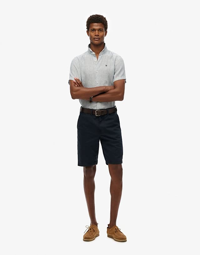 Asos Superdry Sd Embroidered Vacation Linen Shirt In Navy Ticking Linen