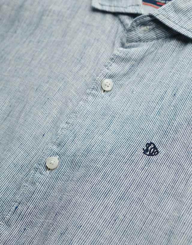 Asos Superdry Sd Embroidered Vacation Linen Shirt In Navy Ticking Linen
