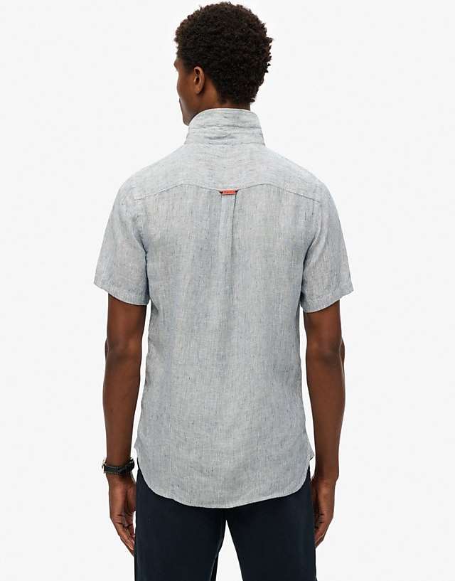 Asos Superdry Sd Embroidered Vacation Linen Shirt In Navy Ticking Linen