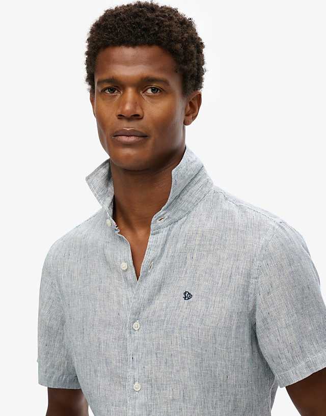 asos Superdry Sd embroidered vacation linen shirt in navy ticking linen