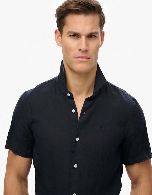 asos Superdry Sd embroidered vacation linen shirt in super dark navy