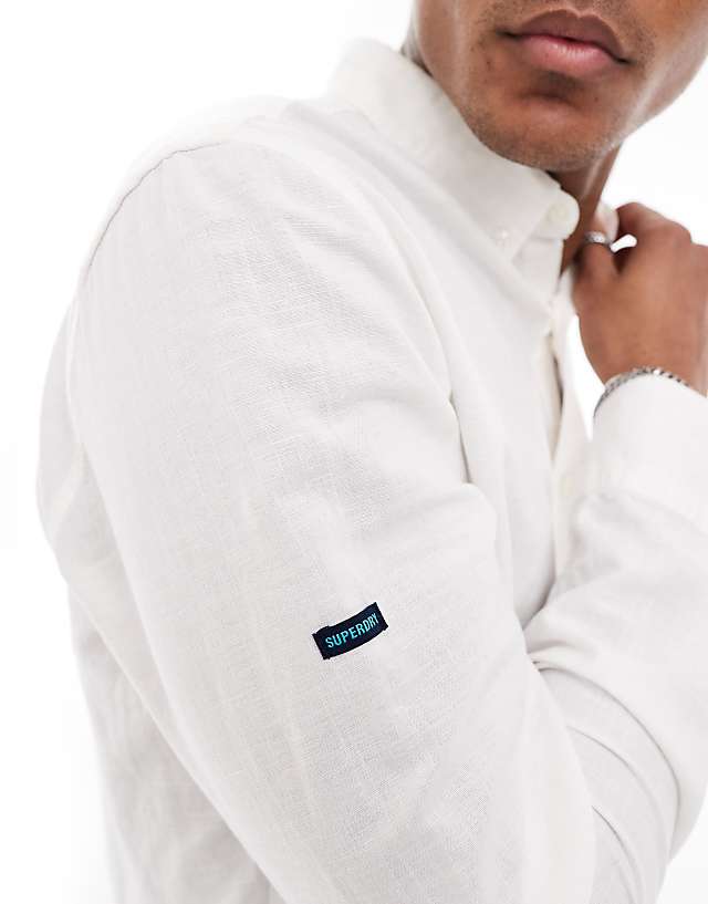 Asos Superdry Studio Linen Long Sleeve Shirt In White