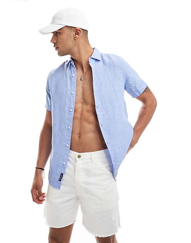 asos Superdry Studios casual linen shirt in light blue chambray