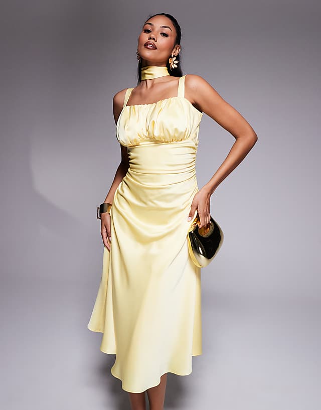 Asos Taideux Fuller Bust Adrienne Boned Satin Midi Dress With Ruching And Neck Scarf In Butter Yellow