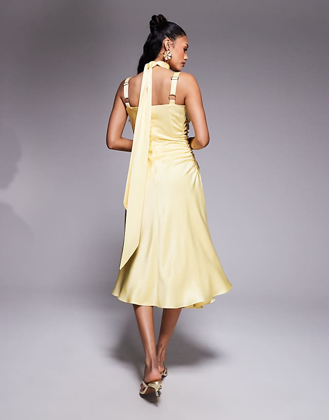 Asos Taideux Fuller Bust Adrienne Boned Satin Midi Dress With Ruching And Neck Scarf In Butter Yellow