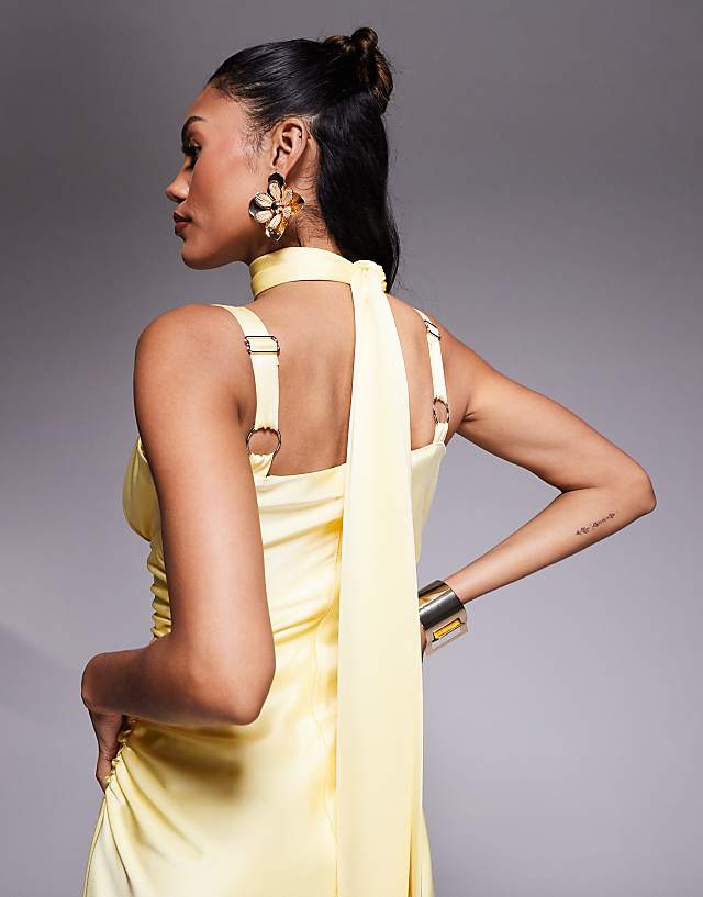 Asos Taideux Fuller Bust Adrienne Boned Satin Midi Dress With Ruching And Neck Scarf In Butter Yellow