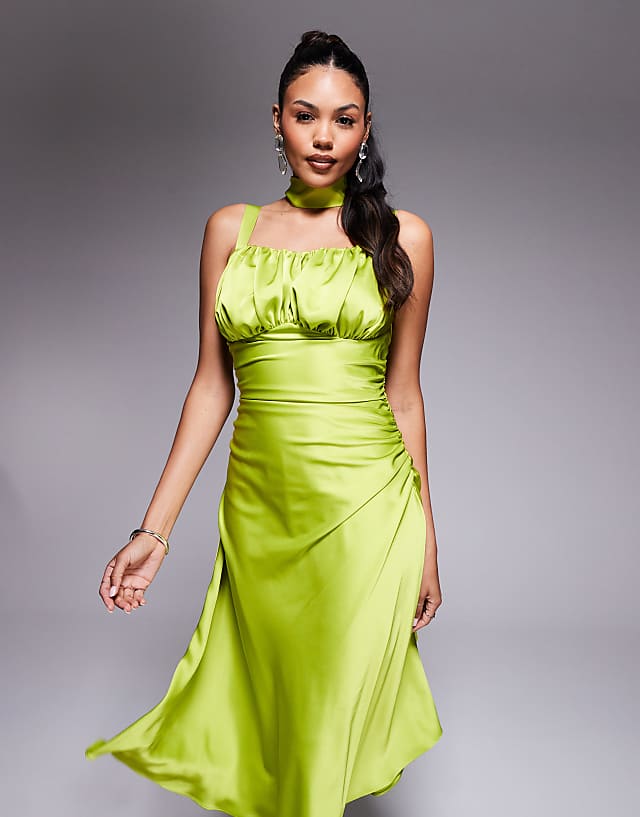 Asos Taideux Fuller Bust Adrienne Boned Satin Midi Dress With Ruching And Neck Scarf In Chartreuse
