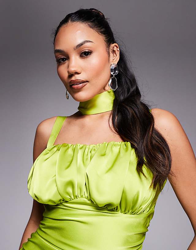Asos Taideux Fuller Bust Adrienne Boned Satin Midi Dress With Ruching And Neck Scarf In Chartreuse