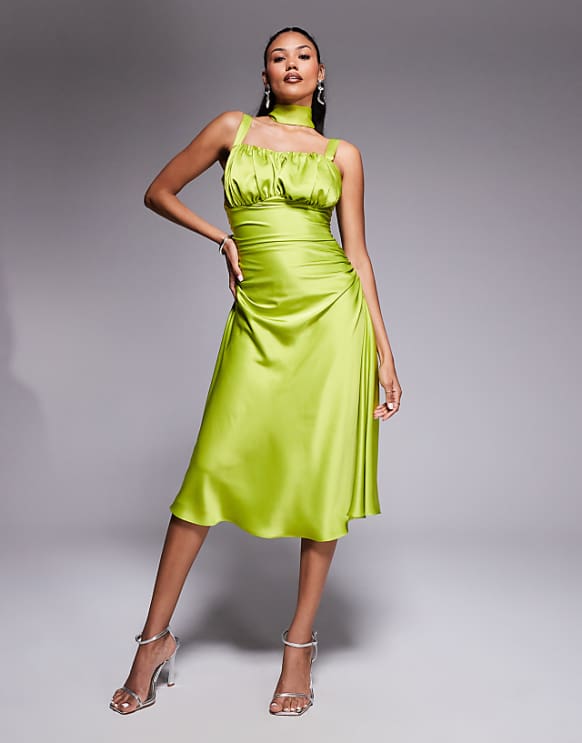 asos Taideux fuller bust Adrienne boned satin midi dress with ruching and neck scarf in chartreuse