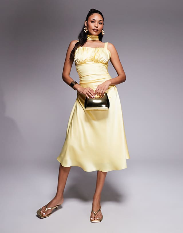 asos Taideux fuller bust Adrienne boned satin midi dress with ruching and neck scarf in butter yellow
