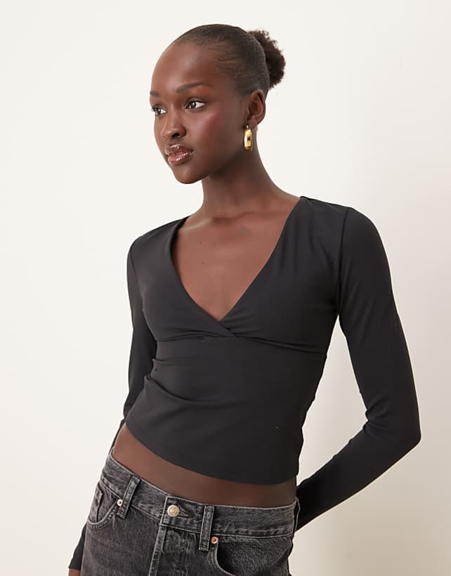 asos Tala DayFlex built-in support v neck long sleeve top in black