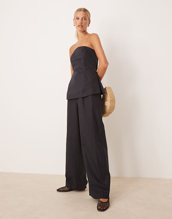 asos Tala heavyweight linen tailored wide leg trousers in black