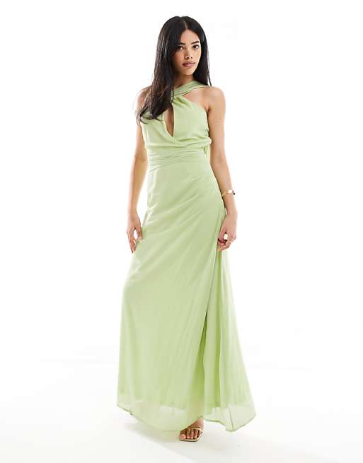 asos TFNC asymmetric maxi dress with drape scarf detail in lime