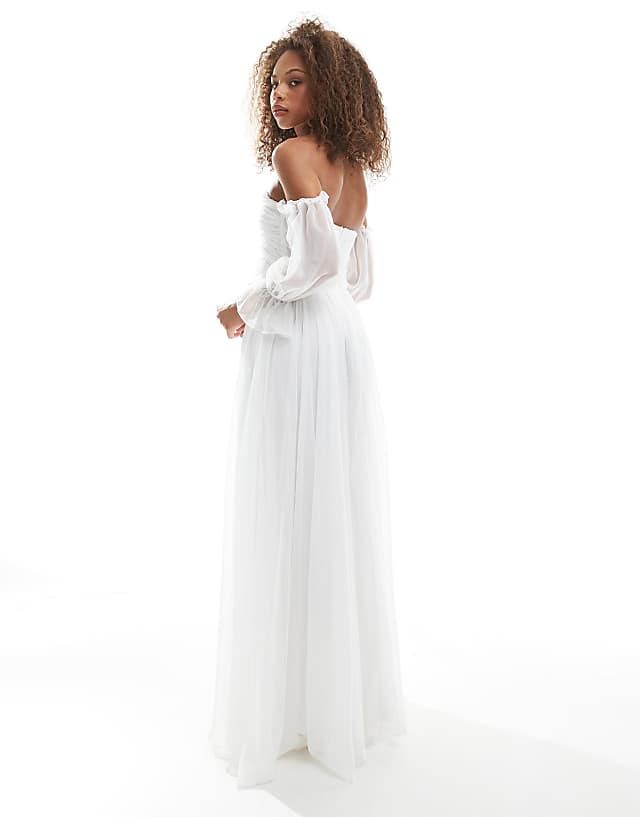 Asos TFNC Bandeau Maxi Dress With Sheer Sleeves In White