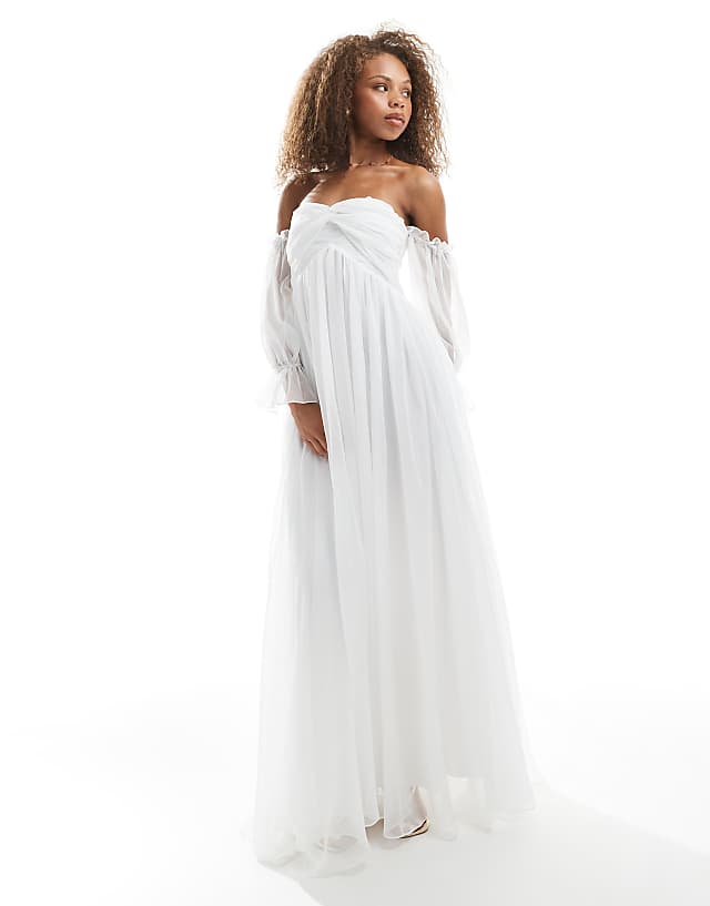asos TFNC bandeau maxi dress with sheer sleeves in white