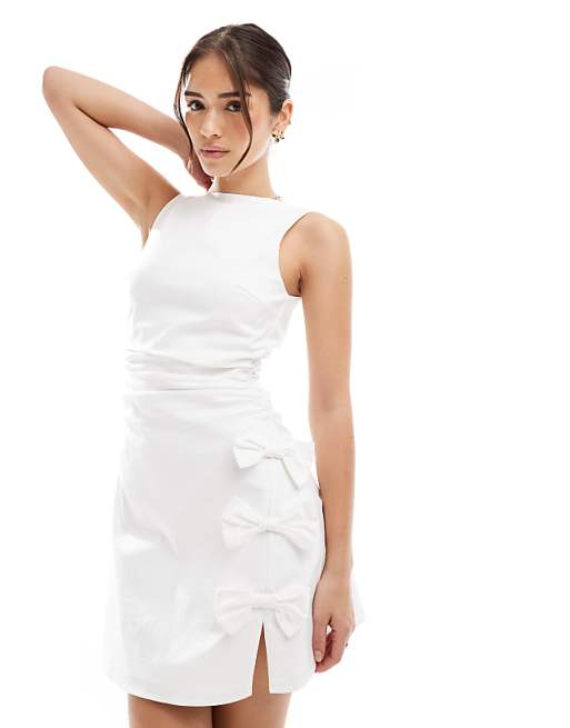 Asos TFNC Bridal Boat Neck A-line Mini Dress With Bow Side In White