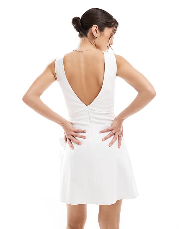 Asos TFNC Bridal Boat Neck A-line Mini Dress With Bow Side In White