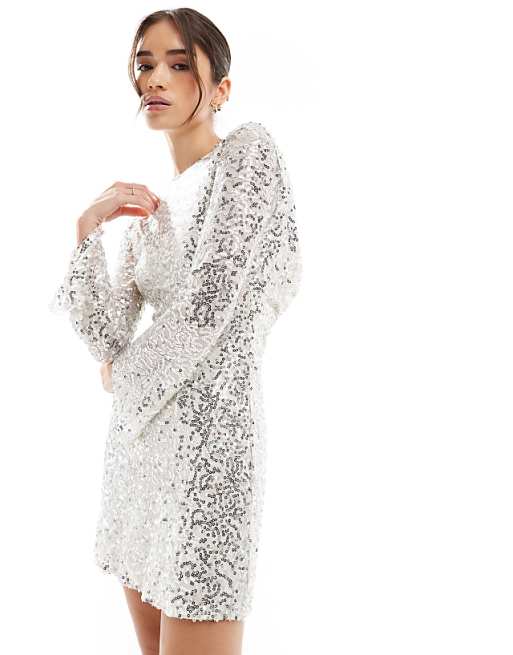 Asos TFNC Bridal Cowl Back Sequin Mini Dress In White