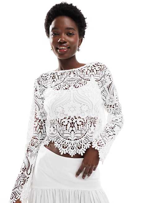 Asos TFNC Bridal Scallop Lace Overlay Crop Top In White