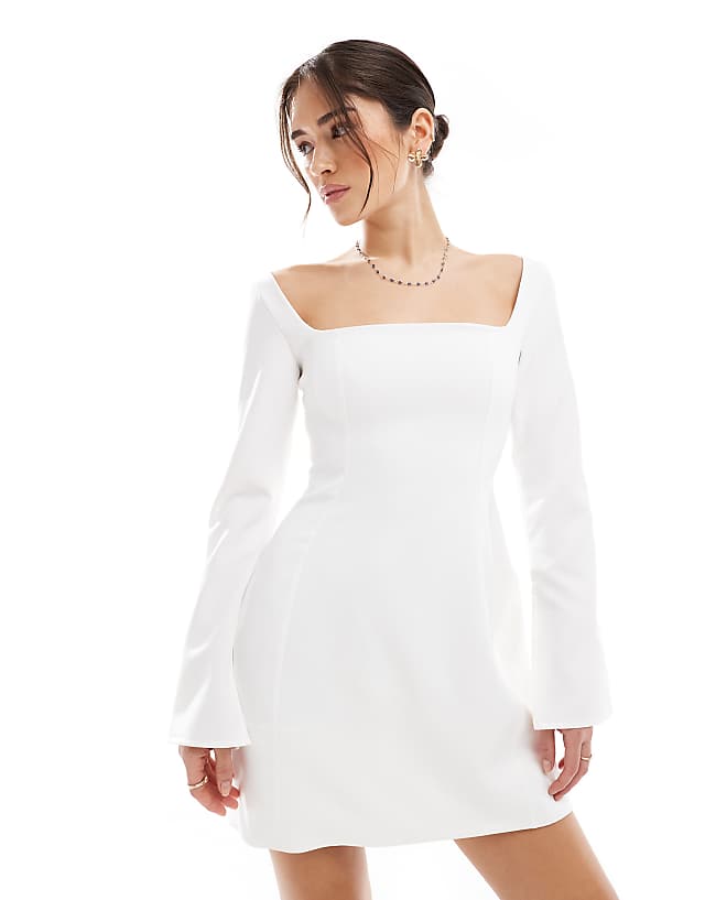 Asos TFNC Bridal Square Neck Satin Structured Mini Dress In White