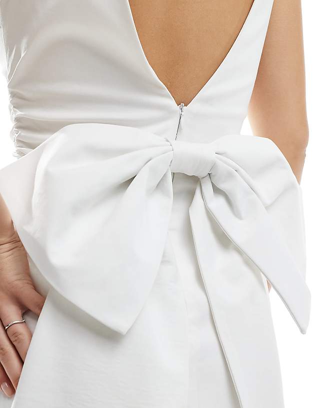 Asos TFNC Bridal Structured Mini Dress In Bengaline With Bow Back Detail In White