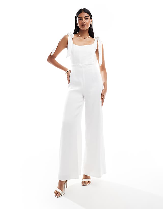Asos TFNC Bridal Tie Shoulder Satin Wide Leg Jumpsuit In White
