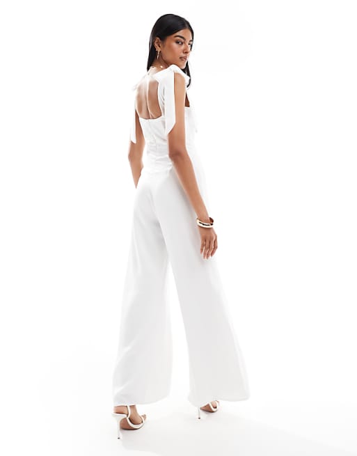 Asos TFNC Bridal Tie Shoulder Satin Wide Leg Jumpsuit In White