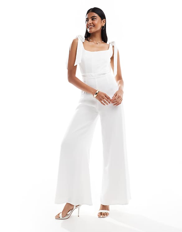asos TFNC Bridal tie shoulder satin wide leg jumpsuit in white