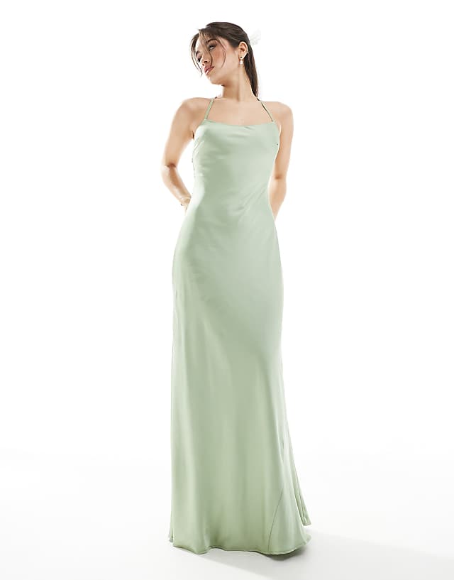Asos TFNC Bridesmaid Cami Satin Maxi Dress With Chiffon Tie Back In Sage