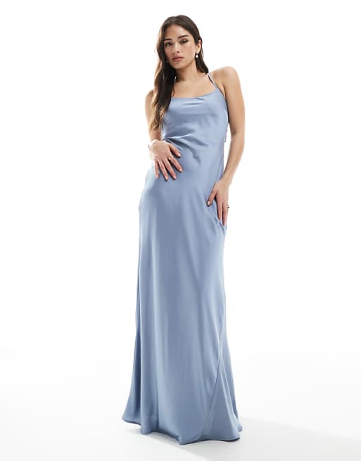 Asos TFNC Bridesmaid Cami Satin Maxi Dress With Chiffon Tie Back In Dusty Blue