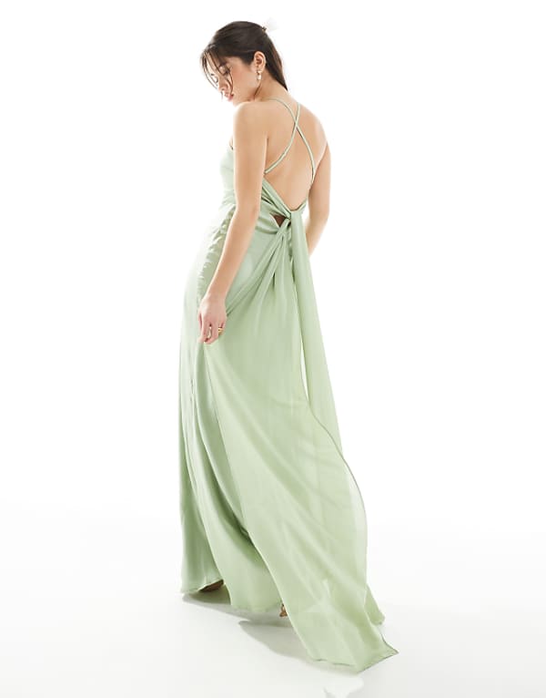asos TFNC Bridesmaid cami satin maxi dress with chiffon tie back in sage
