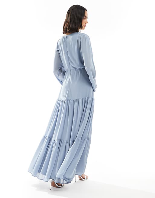 Asos TFNC Bridesmaid Chiffon Maxi Dress With Tiered Skirt In Dusty Blue