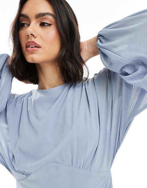 Asos TFNC Bridesmaid Chiffon Maxi Dress With Tiered Skirt In Dusty Blue